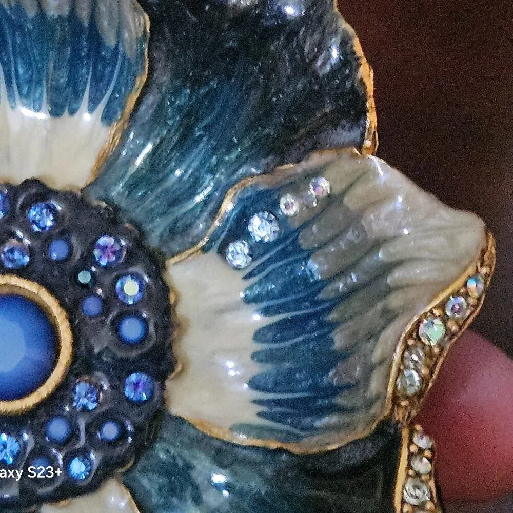 HANDSIGNED RARE JAY STRONGWATER BLUE FLOWER ENAMEL CRYSTAL JEWELRY TRAY DISH
